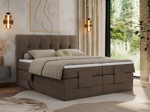 MKS MEBLE Boxspringbett 180x200 elektrisch verstellbar 7-Zonen Taschenfederkern Matratze mit TopperBett mit Motor Polsterbett Motorbett - Vittoria - Braun Velvet - H3