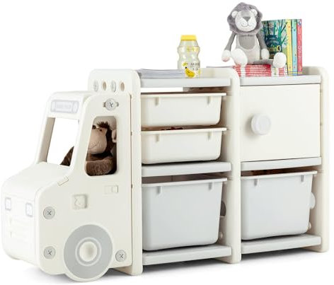 FANTASK Spielzeugregal, 2 Ebenen Kinderregal mit Schrank und Aufbewahrungsboxen, Bücherregal für Kinder, Kinderzimmer Regal für Spielzeug Aufbewahrung, 110 x 32 x 66 cm (Auto, Beige)