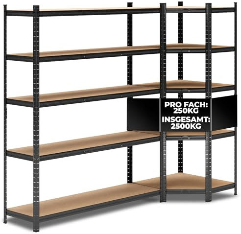 ALL Premium Schwerlastregal Eckregal 180x70x40 cm + 1x 180x150x40 cm Schwarz - 1250kg Traglast – stabiles Eckregal stehend, vielseitiges Regalsystem, Corner Shelf, ideal für Keller & Lager