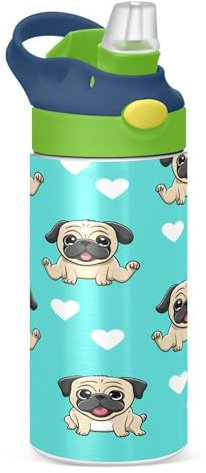 Sevdomey Cartoon Pugs Kids Water Bottle with Straw for Girls Boys, Stainless Steel Insulated Leakproof Water 350ml for School Nursery Travel Sports