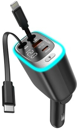Chargeur de voiture 4 en 1 USB C PD - Chargeur rapide avec câbles rétractables - Adaptateur de voiture compatible avec iPhone 16 Pro Max, Samsung, Xiaomi, iPad, AirPods
