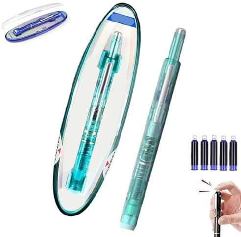 Fountain Pen Retractable 0.38mm Fine Nib Blue & Black Ink Transparent Barrel Includes 5 Refillable Ink Cartridges Smooth Writing No Leaking Gift Set for Calligraphy Journaling Doodling(Blue,A)