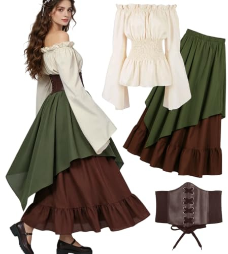 kasahara Déguisement Médiéval Femme, Robe longue Renaissance avec corset, blouse épaules dénudées, ceinture et bourse vintage – Costume victorien pour Carnaval, Cosplay et Fête médiévale