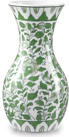 Hollyone Grün und Weiß Blumenvase, 27CM Keramikvase mit Breiter Öffnung und Blumenmuster, Große Retro Chinoiserie Vase Deko, Vintage Vase für Blumen Tisch Centerpiece Wohnzimmer Dekoration
