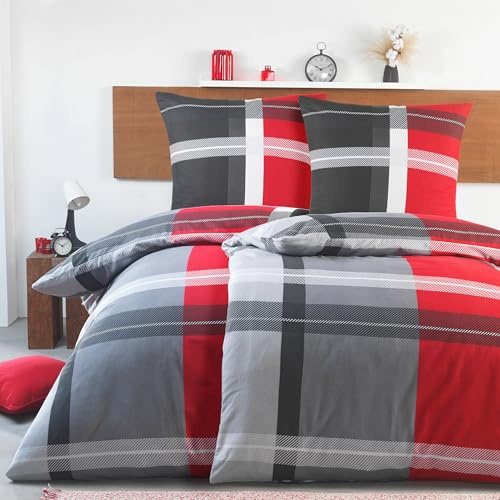 BaSaTex Biber Flanell Bettwäsche, 4tlg, 135x200 cm, Karo Rot | 100% Baumwolle, Biber Flanell Qualität, Weich, Wärmend, Reißverschluss, Öko_Tex Standard