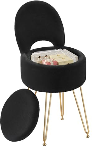 Rolanstar Schminkstuhl mit Stauraum, Schminktisch Stuhl mit Klappbare Rückenlehne, Bürostuhl mit Kunstfell-Sitz, rutschfeste Metallbeine, für Teenager (Schwarz, S)