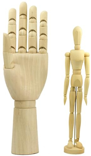 Jeorywoet 2 Stück/Set Zeichenpuppe, 12 Holzhände und 8 Künstler-Holzfiguren, bewegliche menschliche Puppen zum Zeichnen, Malen, Skizzieren