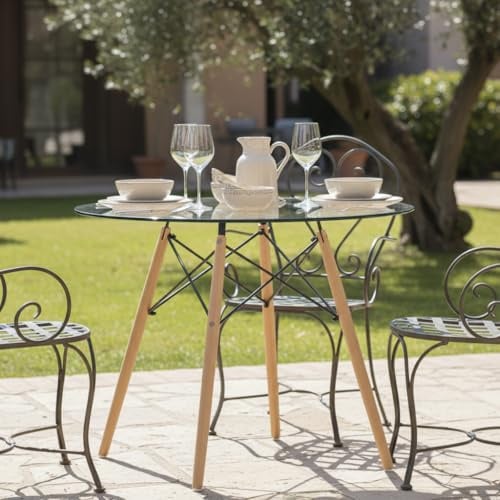 FURNITABLE Gartentisch, Balkontisch Hölzern, Runden Esstisch Outdoor, 80x80cm, Glas