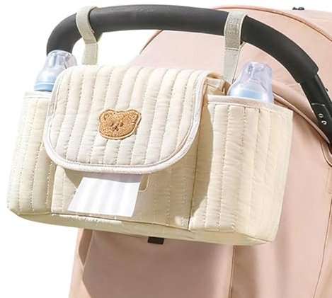 Kinderwagen Organizer Organizer mit Taschentuch Öffnung | Kinderwagen Stauraum Zubehör Mit Verstellbarem Gurt Zur Aufbewahrung Von Windeln, Bechern, Spielzeug, Telefon, Flaschen,