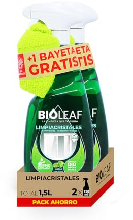 BIOLEAF – Limpiacristales Pack 2×750 ml (1,5 L) – Sin Marcas ni Huellas – Brillo en Cristales, Espejos y Ventanas – Secado Rápido – Biodegradable – Sin Disruptores Endocrinos