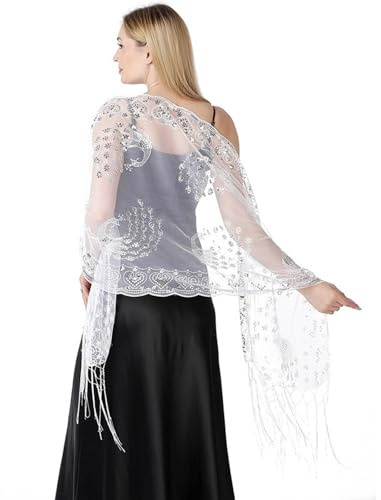 Hsternexy Sciarpa glitterata da donna Stola per abito da sera Capodanno, sciarpa a spalla anni '20, accessori morbidi con paillettes luccicanti in metallo leggero argento