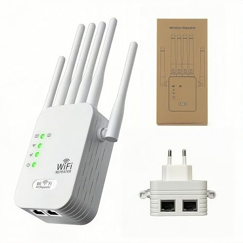 Amplificador Señal WiFi con 6 Alta Ganancia Antenas Repetidor WiFi Largo Alcance con 300Mbps WiFi Extender 2 Puertos LAN Cobertura hasta 400 m² Instalación Acción Router/Ap Modos para hogar Oficina