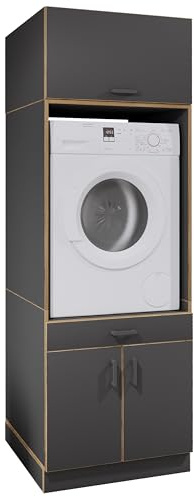 VCM Waschmaschinenschrank mit Unterschrank, Waschmaschinenumbau mit Stauraum hinter Zwei Drehtüren und Einer Schublade, Maße: Überbauschrank H. 200 x B. 67 x T. 68 cm, Rislo CL XXL