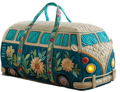 Hippie Van Quilted Duffle Bag – Boho Wochenendtasche - Bus Design Handliche Reisetasche Damen Weekender Sporttasche Handgepäck mit Stickerei für Urlaub & Party (Grün)