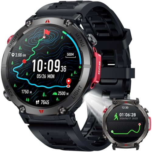 Montre Connectée Homme Smartwatch GPS: 1.45 Montre Outdoor Sport Avec Boussole et Lampe Torche Autonomie 530mAh IP68 Étanche Appel Bluetooth Surveillance Fréquence Cardiaque et SpO2 pour Android iOS