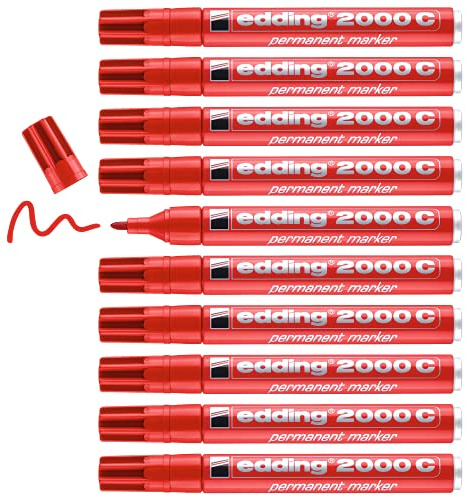 edding 2000 C permanent marker - red - box of 10 - round nib 1.5-3 mm - quick-drying permanent markers - waterproof, smudge-proof - for cardboard, plastic, wood, metal, fabric - marker pen