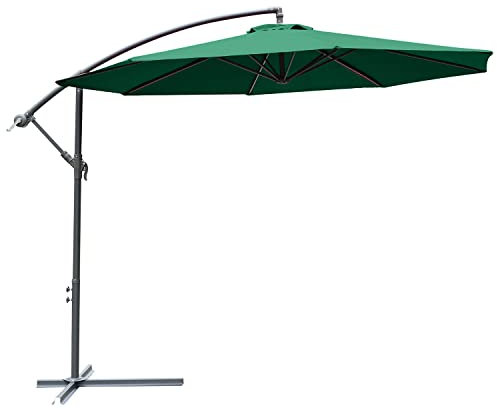 Outsunny Sombrilla de Jardín Ø300x250 cm Parasol Excéntrico Reclinable con Manivela Base Cruzada y Soporte de Acero 8 Varillas para Terraza Exterior Balcón Verde Oscuro