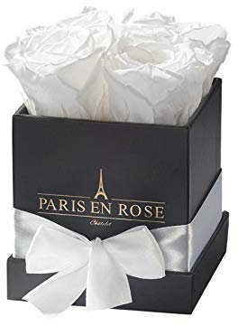 PARIS EN ROSE Rosenbox | mit Vier weißen Infinity Rosen Größe XL | konservierte ewige Rose | eckige Schwarze Box mit Band | 3 Jahre haltbar