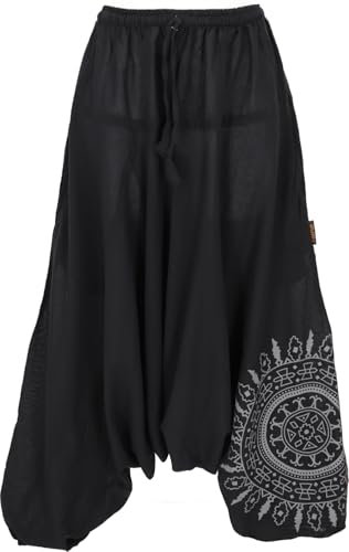 GURU SHOP Haremshose Pluderhose,Pumphose mit Mandala, Aladinhose aus Baumwolle - Schwarz, Damen
