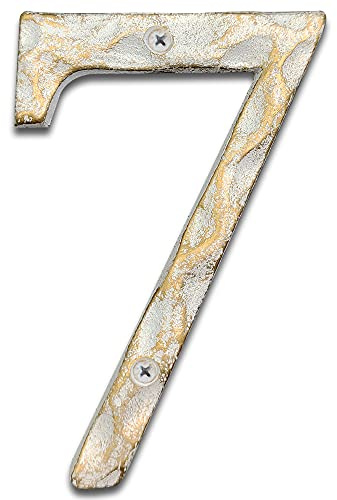 Hausnummern aus Gusseisen, 14 cm hoch, einzigartige Hausnummern/Buchstaben für Außen- oder Haustür, handgefertigt, Gold- und Weiß-Finish (Nummer 7)