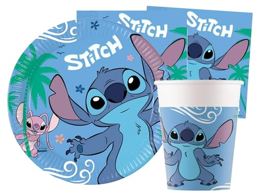 Isola Party Kit Festa di Compleanno Lilo & Stitch per 16 Persone Eco-Friendly (16 Piatti ⌀ 23 cm, 16 Bicchieri 266 ml, 20 Tovaglioli 33x33 cm di Carta)