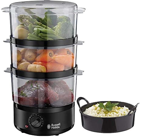 Russell Hobbs Vaporera Compact Matte Black - Capacidad 7 litros, Diseño Compacto, Cuenco para Arroz, Temporizador 60 Minutos, Sin BPA, Acero Inoxidable - 26530-56