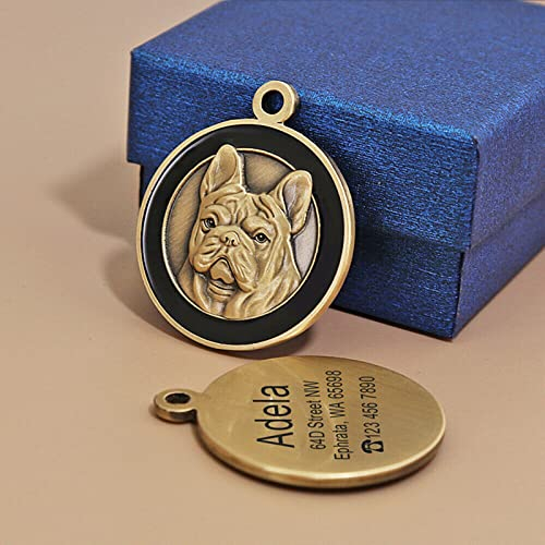 Etiquetas de identificación de Mascotas de Perro Personalizadas, latón Relieve Placa Etiquetas 4 líneas de texto personalizado para Collar Perro Mascota grabada (bulldogs franceses)