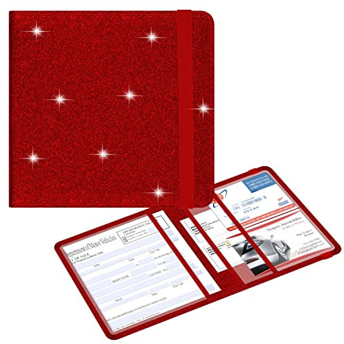 wisdompro Étui pour Carte Grise et Carte d'assurance en Similicuir à Paillettes pour Documents, Carte d'identité, permis de Conduire, Cartes d'informations essentielles, Rouge Brillant