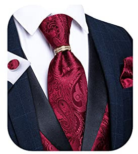 DiBanGu Herren Anzug Weste Set, 5 Stück Smoking Weste und Krawatte Einstecktuch Manschettenknöpfe Krawattenring für Hochzeit, Burgunder, Large