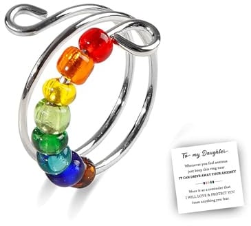 To My Daughter Angstring mit Regenbogenperlen, verstellbarer drehbarer Angstring für Tochter mit Perlen, drehbarer Ring für Geschenke für Frauen und Mädchen