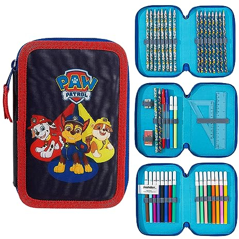 PAW PATROL Federmäppchen Groß Etui Stifte Jungen und Mädchen Stifte Kinder Gefüllt Federmappe Schulsachen Einschulung Geschenk Grundschule Kindergarten Schulbedarf (Rot/Blau Dreifach-Reißverschluss)