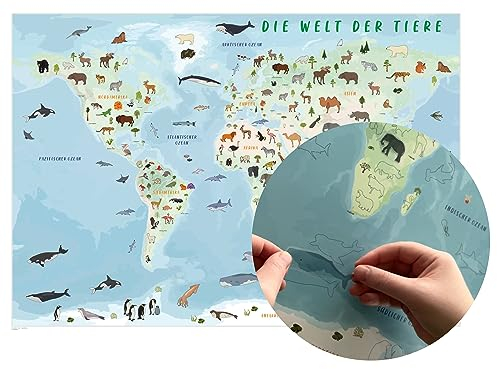 GeoMetro Sticker-Karte: Weltkarte für Kinder mit großem Stickerbogen von Tieren zum Aufkleben, DIN A1 mit Laminierung, abwischbar, Kinderkarte, Lernposter auf Deutsch, reißfest