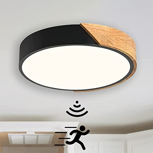 LED Deckenleuchte mit Radar Bewegungsmelder Innen Holz Deckenlampe mit Bewegungssensor Runden Decke Lampe mit Sensor für Flur Korridor Treppe Bad Veranda Küche Garage, Neutralweiß 4000K (Schwarz,30cm)