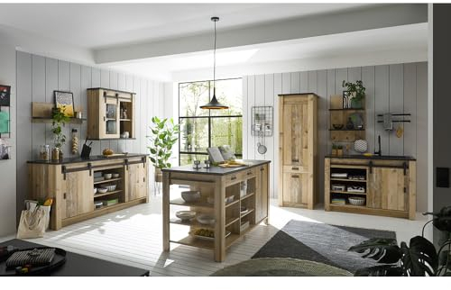 Küchenmöbel Küchen komplett Set, Old Style hell Nb. mit anthrazit, Spülschrank mit offenen Fächern 201cm + 133cm, Hängeschrank mit Glaseinsatz, Wandregale, Kücheninsel, Griffe aus Metalle, Softclose