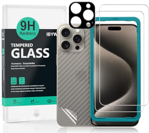 Ibywind Protector de pantalla Compatible con iPhone 15 Pro 5G,con 2 piezas de Cristal Templado,1 pieza de protector de lente de cámara,1 pieza de película de fibra de carbono trasera