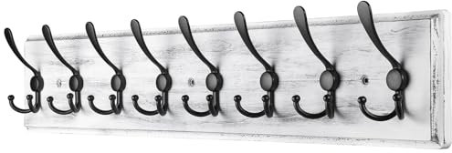 PHINGEER Wall Mounted Coat Hooks, Wooden Heavy Duty Coat Rack for Wall,8 Triple Coat Hanger Hooks for Hanging Coats,Jacket,Hat,Clothes(Grey White, 8 Hooks)