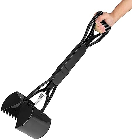 23.7inch Pet Pooper Scooper, Long Handle Jaw Poop Scoop for Large & Small Dogs Foldable Pet Poop Pickuper Pick Up Dog Cat Waste Picker Cleaning Tool for Lawns, Grass, Dirt, Gravel (All Black)