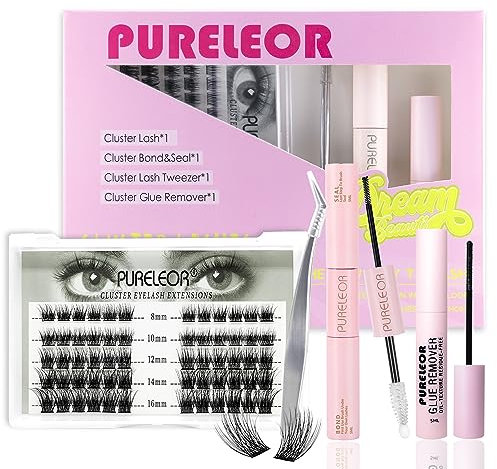 Cluster Lashes Extension Kit DIY Individual Eyeashes Extensions with Bond Seal Tweezers Remover 8-16mm Mixed Length Wispy 60Pcs Eyelash Natural Look DIY at Home