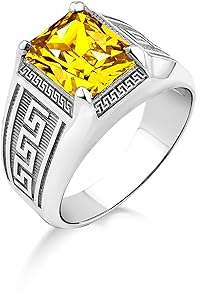 Citrin Stein Silber Herren Siegelring Mit Griechischem Muster, Sterling Silber Großer Gelber Citrin Stein Herrenring, Mode Einzigartiger Citrin Ring