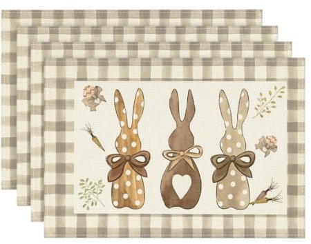 Artoid Mode Büffelkaro Hase Karotten Ostern 4er Set Platzsets, 30x45cm Frühling Bankett Tischsets Waschbar Platzdeckchen Küche Party Deko
