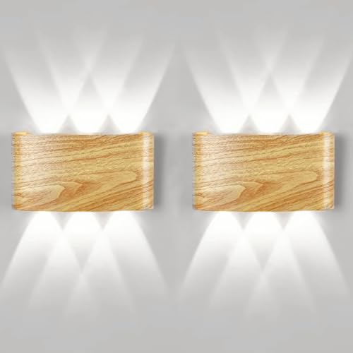 EOEO 2 Stück LED Wandlampe Innen Aussen Holzoptik Wandleuchte Up and Down Spotlicht IP54 Wasserdicht Außen Wandbeleuchtung für Wohnzimmer Schlafzimmer Flur Treppe Garten,6 flammig 6000k