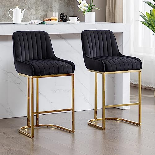 Wahson Chaise de Bar en Velours Chaise Bar Pied Doré Tabouret Bar Lot de 2, Tabouret de Bar avec Coussin Épais, Noir