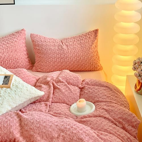 ZYFAB Thick Rose Velvet Bedding Sets 4 Pieces,Warm Faux Fur Comforter Cover Set Milk Velvet Duvet Cover Set Soft Plush Shaggy Comforter Cover Bedding Set,Pink,Queen