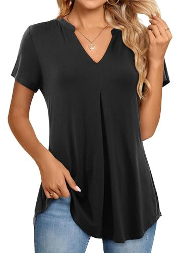 Beluring Shirts Damen Lässig Kurzarm Tshirt V-Ausschnitt mit Swing Saum Longshirt Schwarz L