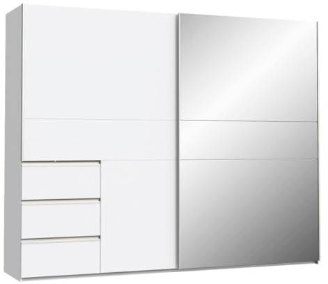 FORTE Möbel Winn 2 Kleiderschrank 250, weißer Schrank mit 2 Schwebetüren und 3 Schubladen, Holzwerkstoff, Weiß, 249 cm breit, 200,5 cm hoch, 61 cm tief