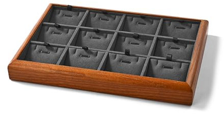 Oirlv Massivholz 12 Gitter Schmuckablage Mit Herausnehmbaren EinsäTzen Schmuckunterlagen Halskette/Anhänger Display Organizer Tablett(Dunkelgrau)