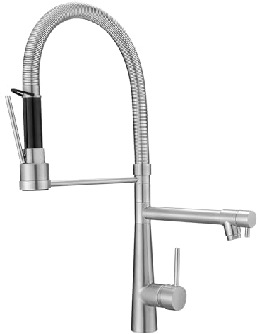 TIMACO Großer Küchenarmatur mit Spiralfeder,22,36in, 360° Schwenkbare Spültischarmaturen mit Zwei Auslauf, Wasserhahn Küchen & Handheld nozzles- Hochdruck,Gebürsteter Nickel