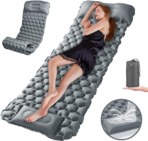 Zodight Isomatte Outdoor, Luftmatratze Selbstaufblasend mit Fußpresse Pumpe, 200cm Ultraleichte Aufblasbare Isomatte Camping, wasserdichte Klappbare Camping Matratze für Wandern Reisen Strand (Grau)