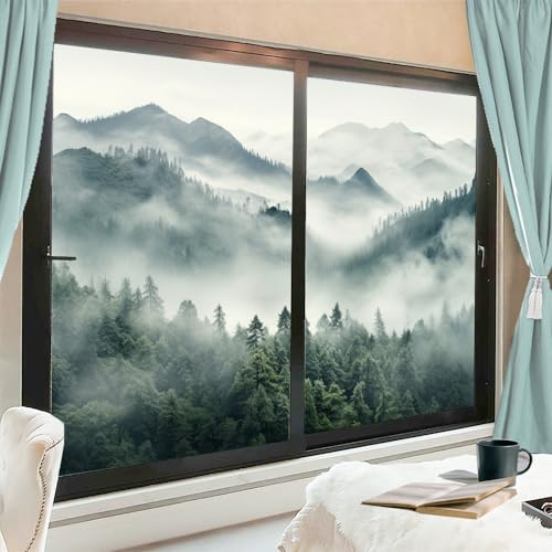 AEMYSKA Modern Misty Forest Fensterfolie Abdeckungen Morgen Berg Wald Natur Fenster Sichtschutzfolie Nicht klebende Glasfolie Dekorative Statische Frischhaltefolie für Zuhause Badezimmer 70 * 120 cm *