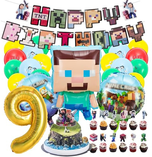 Kindergeburtstag deko minecraft luftballon 9. minecraft geburtstag | geburtstagsdeko jungen 9 jahr, Happy Birthday Dekoration Banner Karikatur Luftballons deko